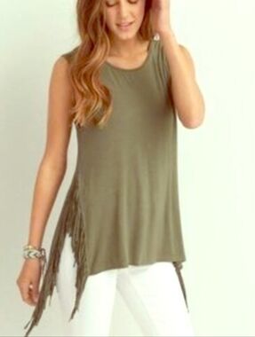 American Eagle Soft & Sexy Boho Fringe Tank - Army Green - Size S